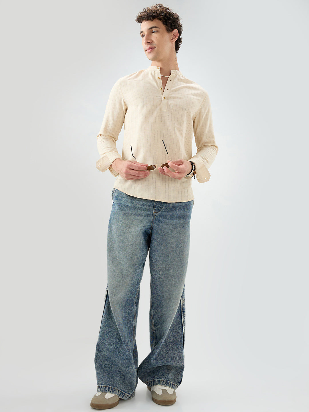 Soft Beige Ladder Striped Evening Kurta