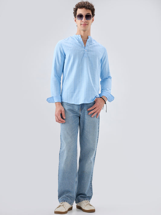 Baby Blue Ladder Striped Subtle Textured Kurta