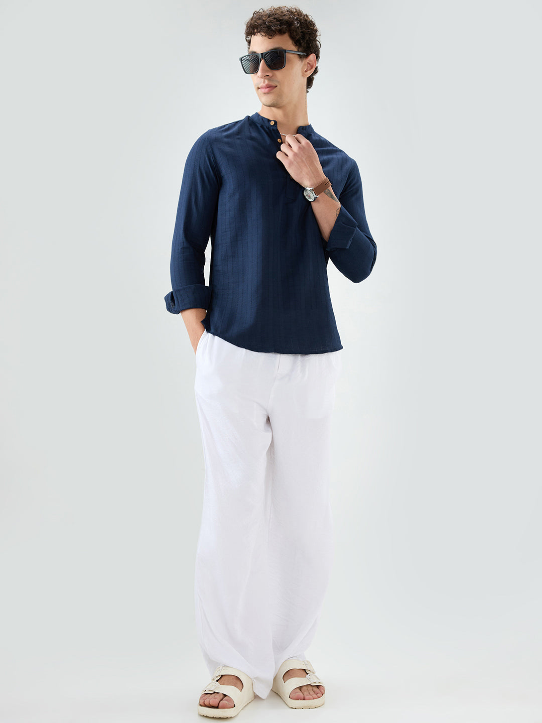 Navy Ladder Striped Subtle Textured Kurta