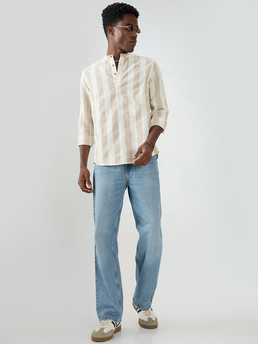 Beige & Ivory Striped Jacquard Kurta