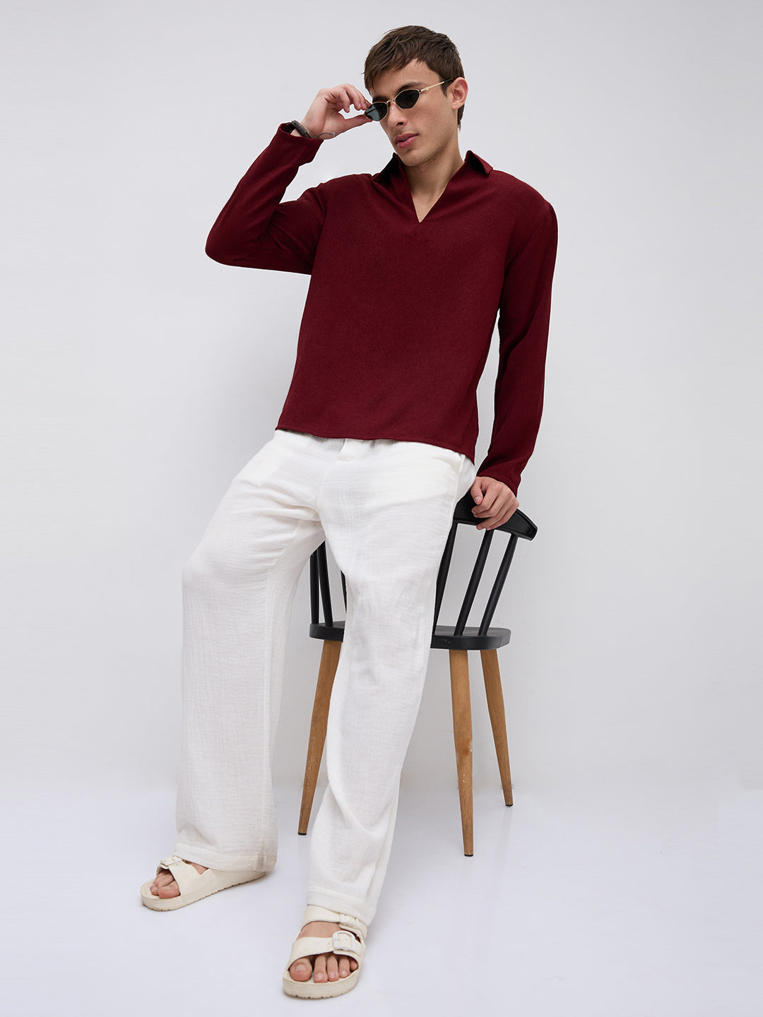Currant Red Crepe Oversized Polo Shirt
