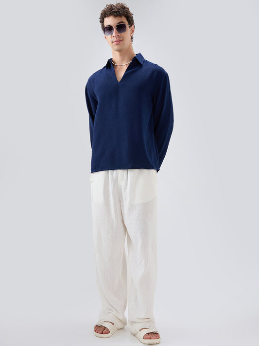 Midnight Navy Crepe Oversized Polo Shirt