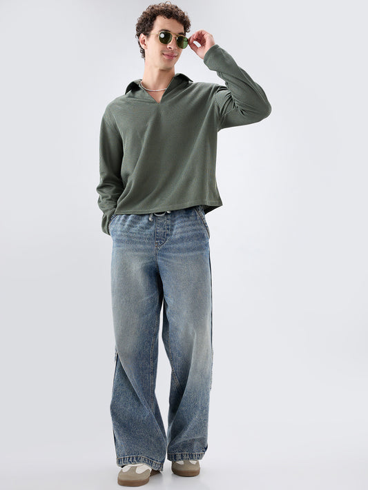 Refined Olive Textured Knitted  Oversized Polo Shirt