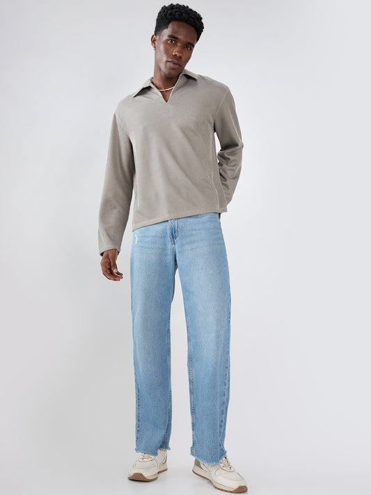 Steel Grey Refined Textured Knitted  Oversized Polo Shirt
