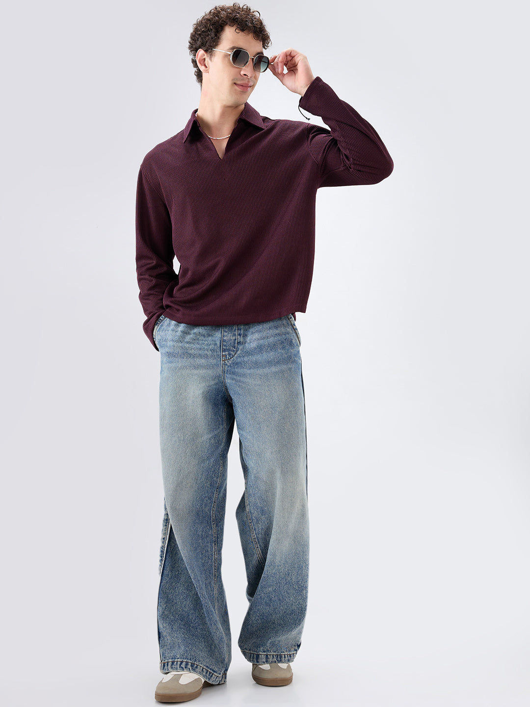 Refined Wine Textured Knitted Oversized Polo Shirt