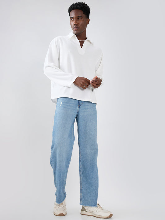 Snow White Refined Textured Knitted Oversized Polo Shirt