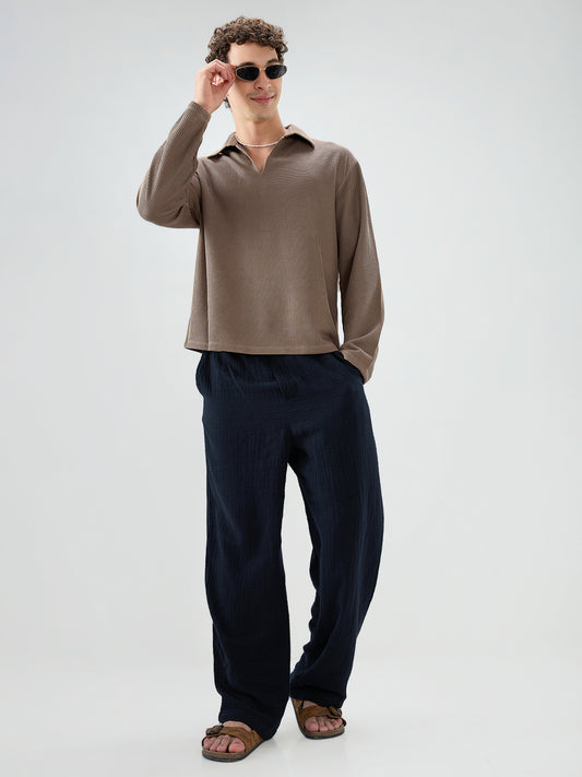 Brown Refined Textured Knitted Oversized Polo Shirt