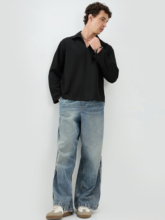 Black Refined Textured Knitted Oversized Polo Shirt