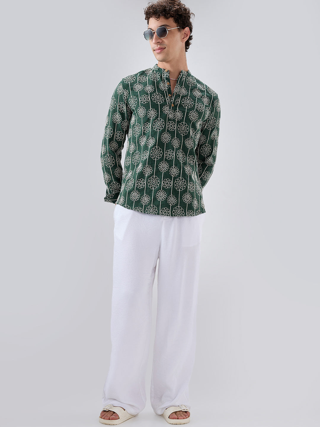 Emerald Green Floral Panel Embroidered Kurta