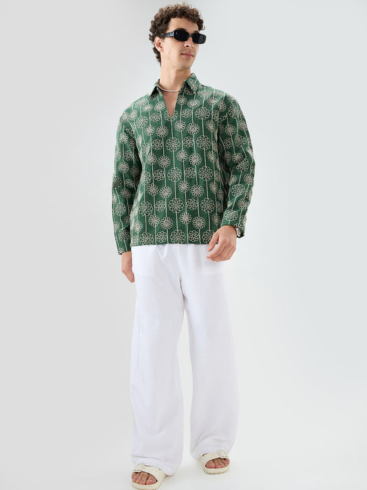 Green Floral Embroidered Oversized Polo Neck Shirt