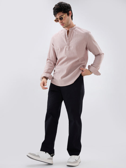 Taupe Beige Seersucker Striped Kurta