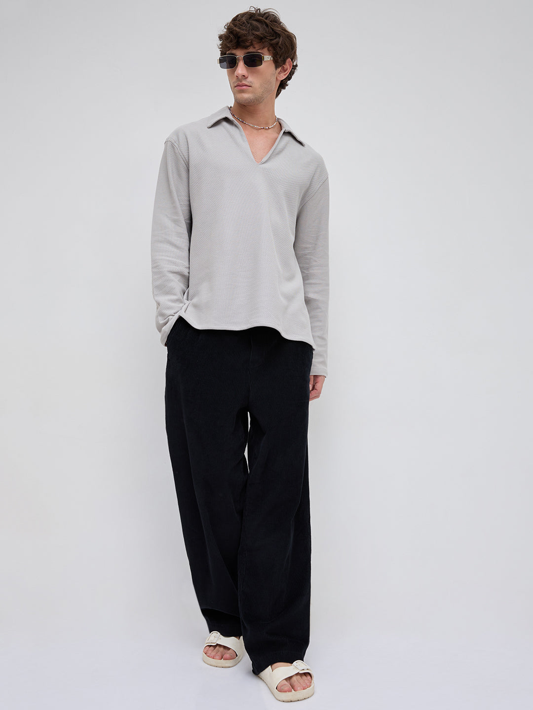 Grey Honeycomb Textured Knitted Oversized Polo Shirt