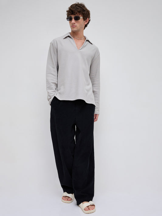 Grey Honeycomb Textured Knitted Oversized Polo Shirt