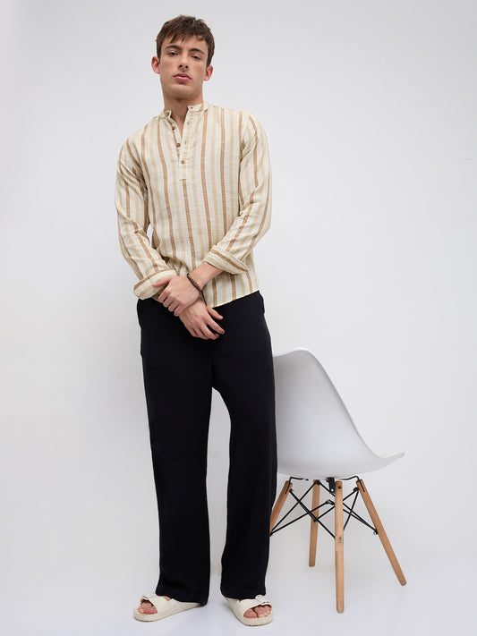 Dessert Sand Beige Jacquard Woven Striped Kurta