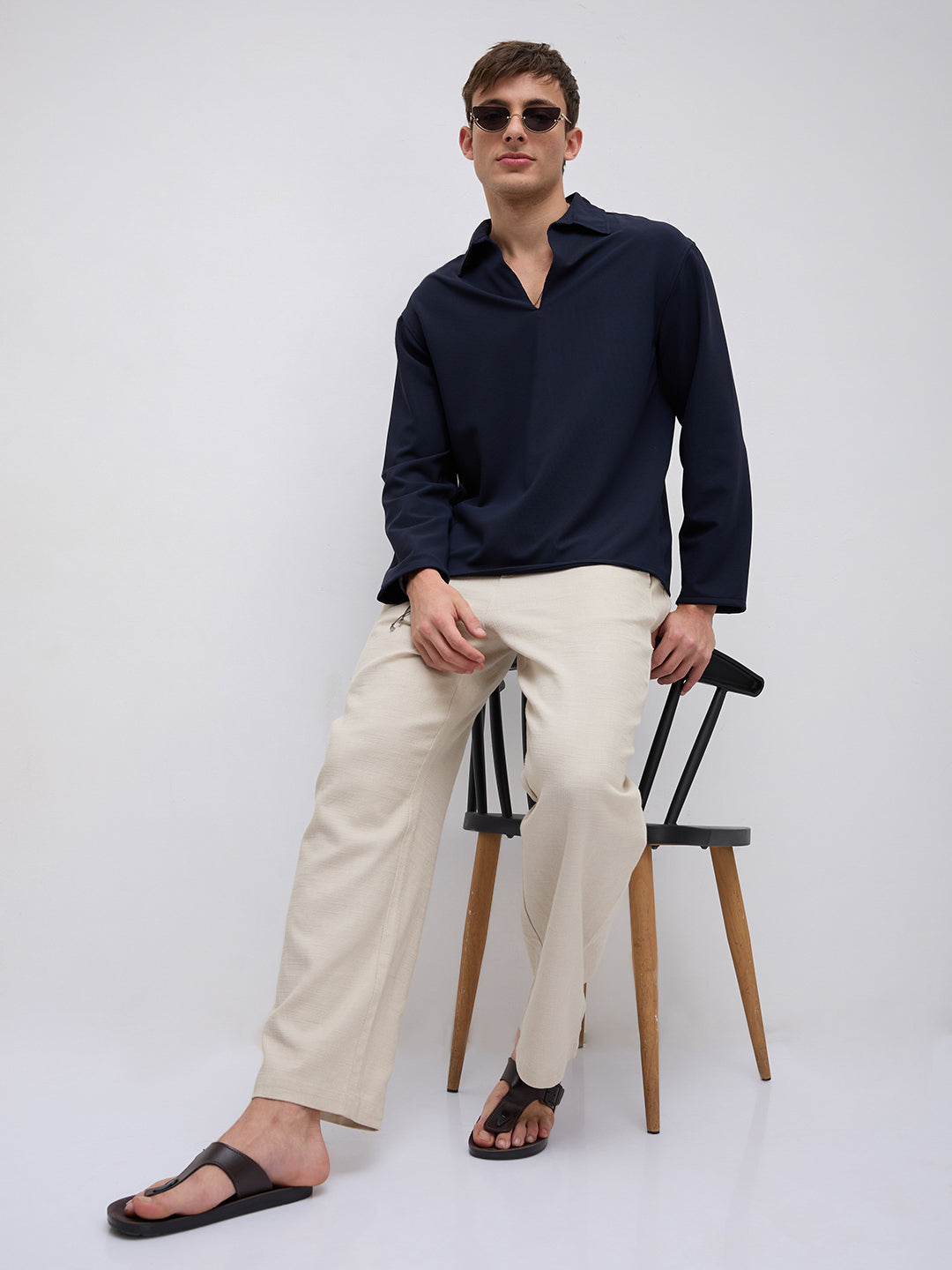 Navy Oversized Polo Tencel Knit Shirt