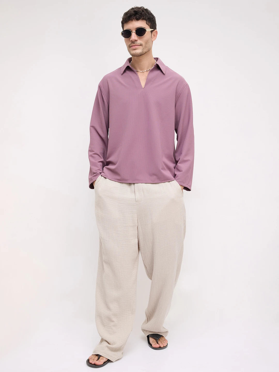 Elegant Grape Purple Oversized Polo Tencel Knit Shirt