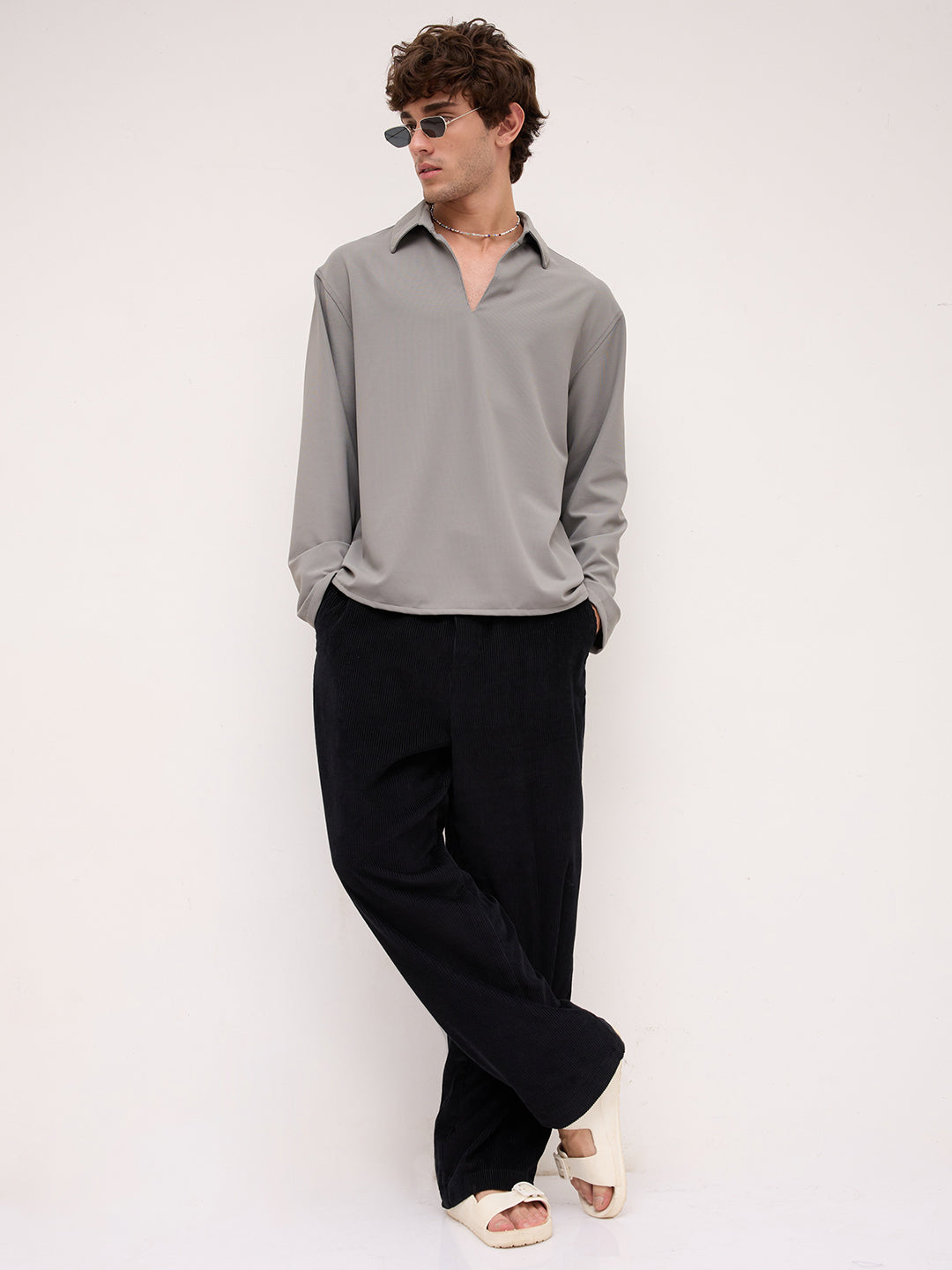 Spanish Grey Oversized Polo Tencel Knit Shirt