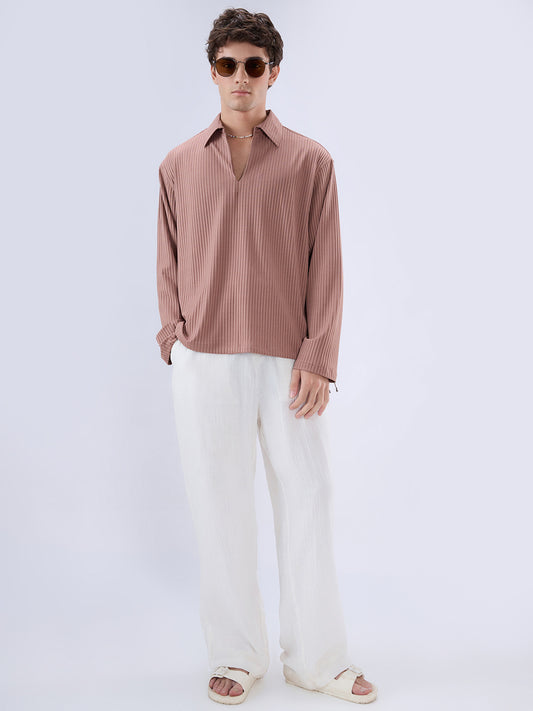 Warm Peach Dual Weave Striped Oversized Polo Knit Shirt