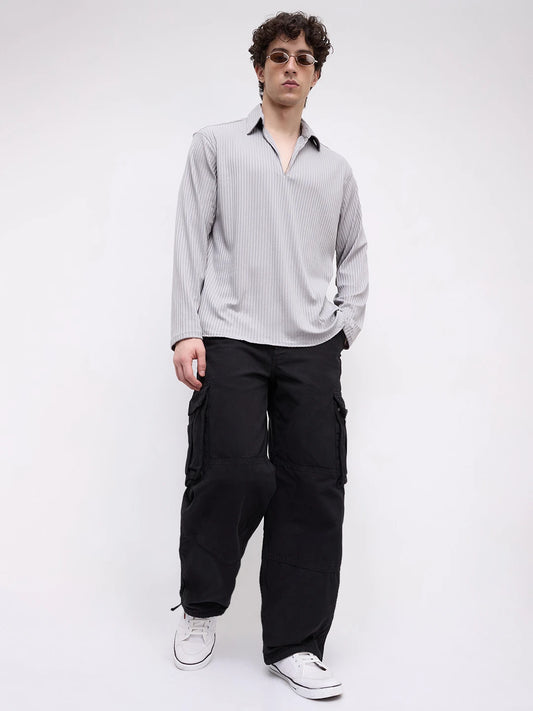 Ash Grey Dual Weave Striped Oversized Polo Knit Shirt