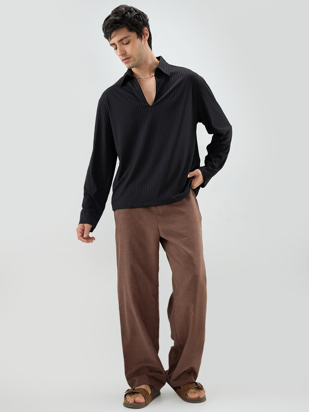 Black Dual Weave Striped Oversized Polo Knit Shirt