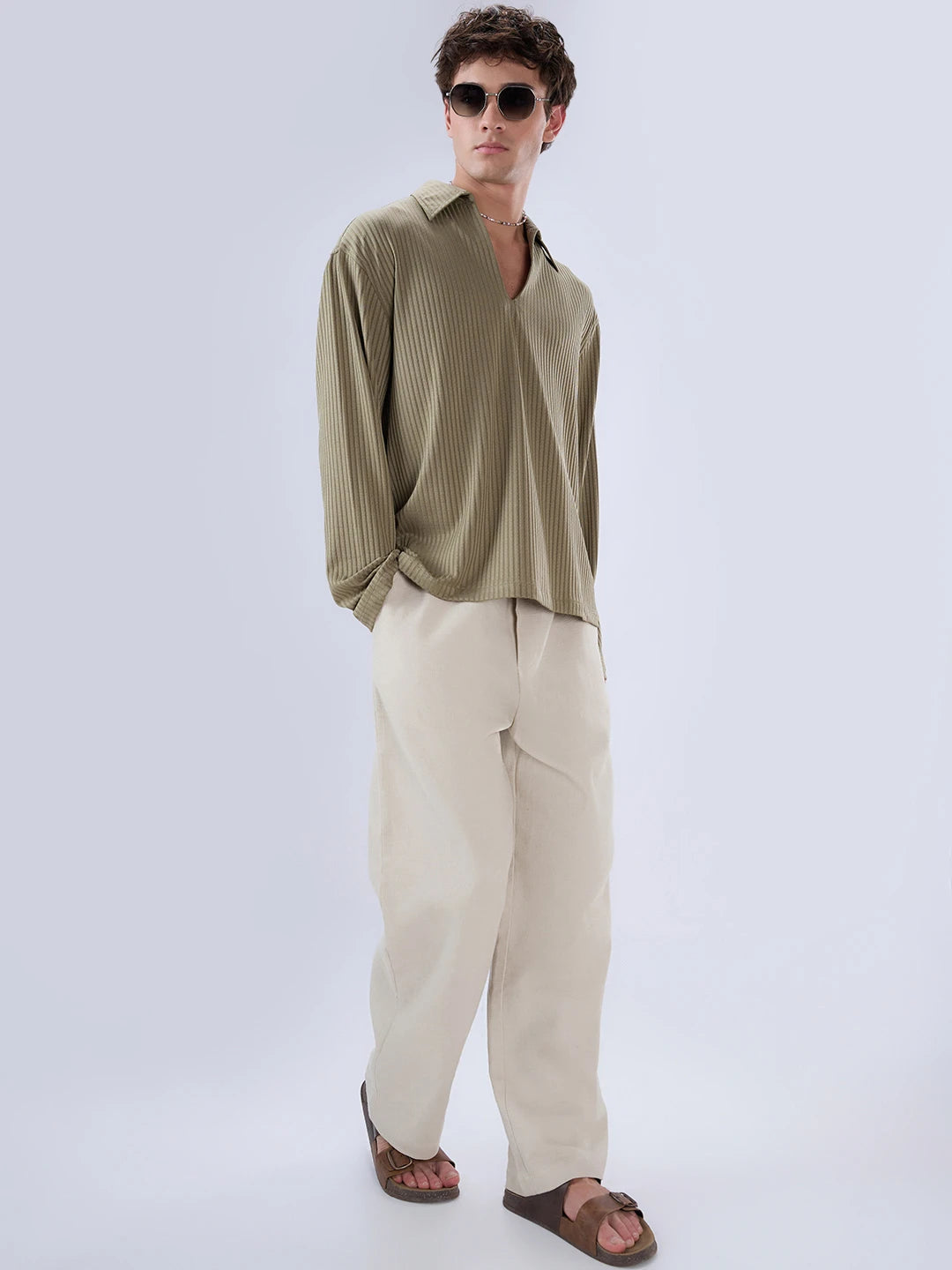 Olive Dual Weave Striped Oversized Polo Knit Shirt