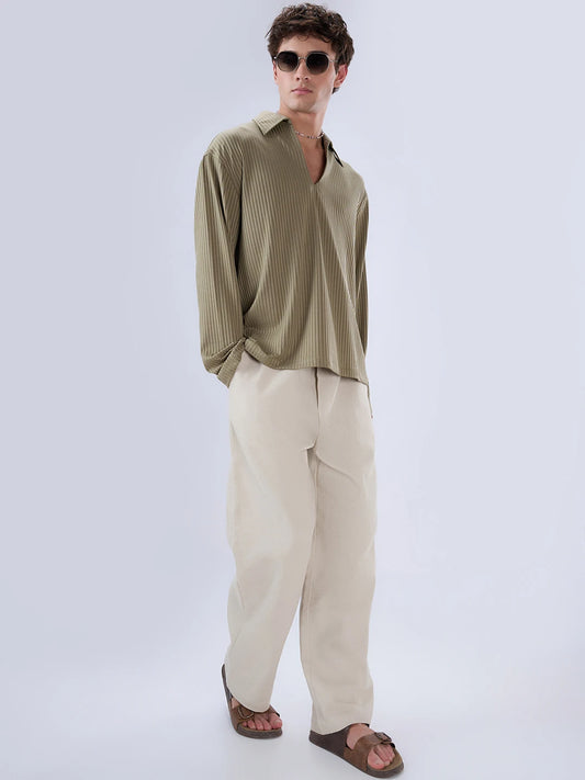 Olive Dual Weave Striped Oversized Polo Knit Shirt