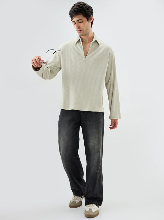 Sage Green Precision Ribbed Oversized Polo Knitted Shirt