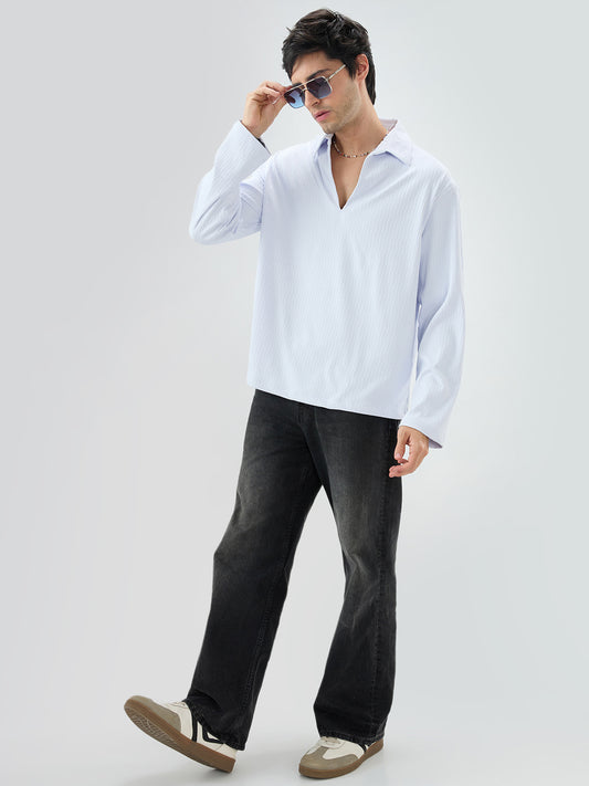 Soft Blue Precision Rib Striped Oversized Polo Knitted Shirt