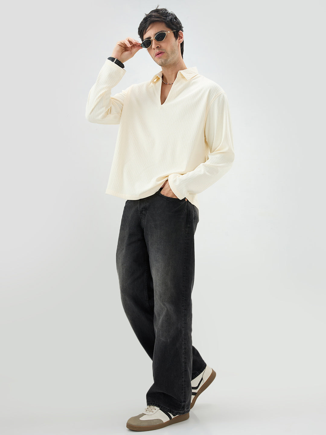 Pastel Cream Precision Rib Striped Oversized Polo Knitted Shirt