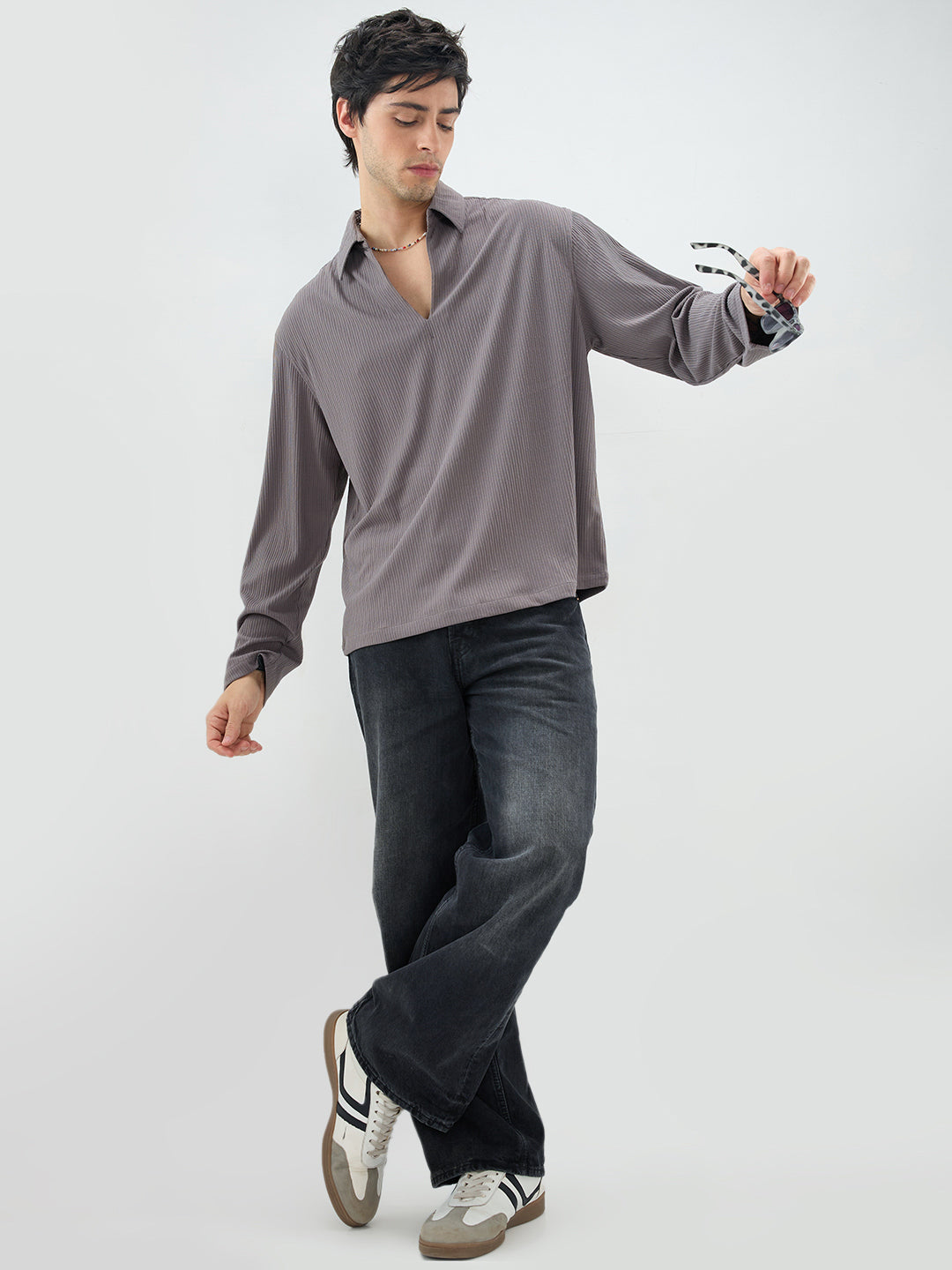 Graphite Grey Precision Rib Striped Oversized Polo Knitted Shirt