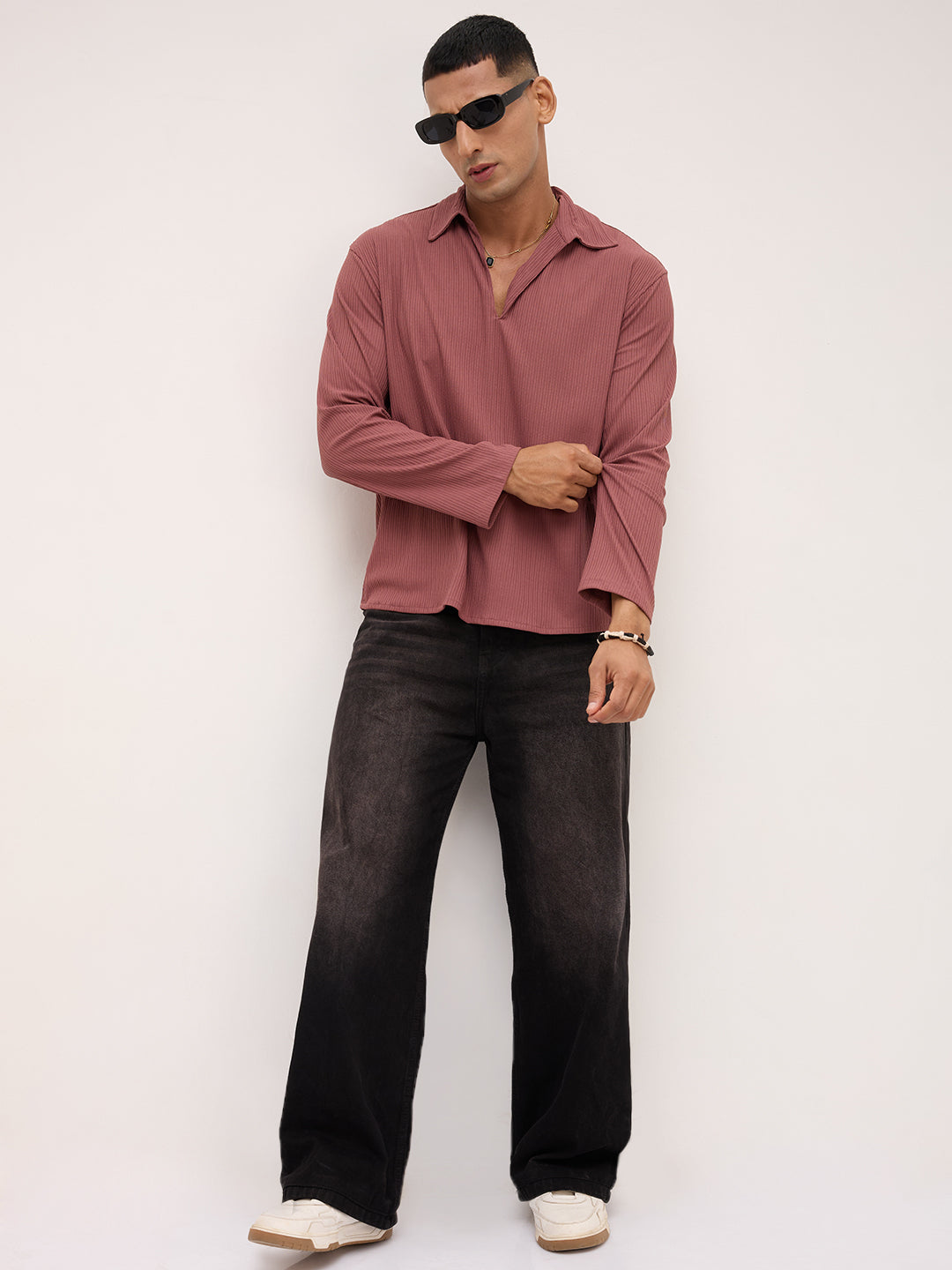 Cordovan Maroon Striped Oversized Polo Knit Shirt
