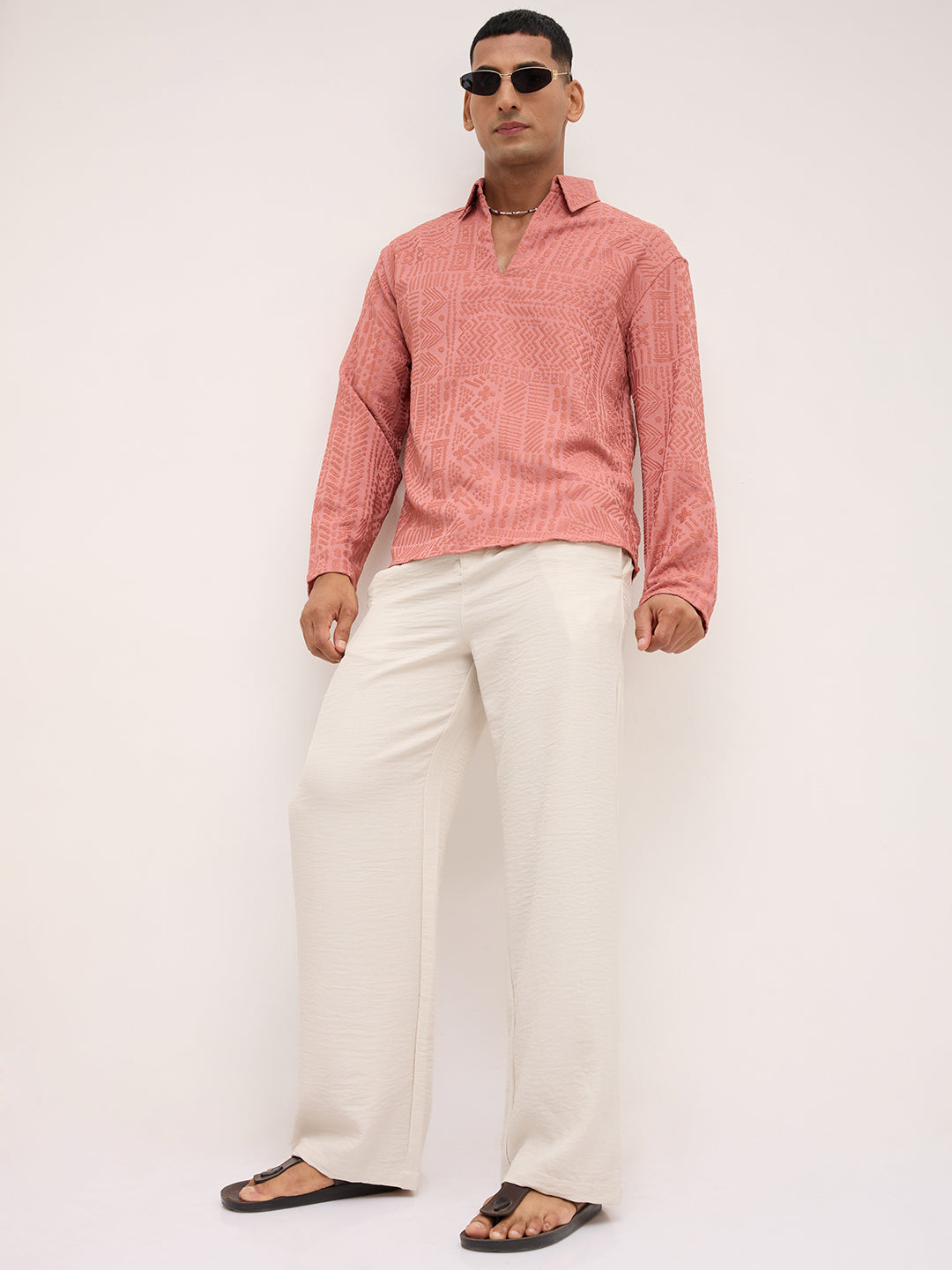 Intricate Soft Coral Textured Oversized Polo Neck Shirt