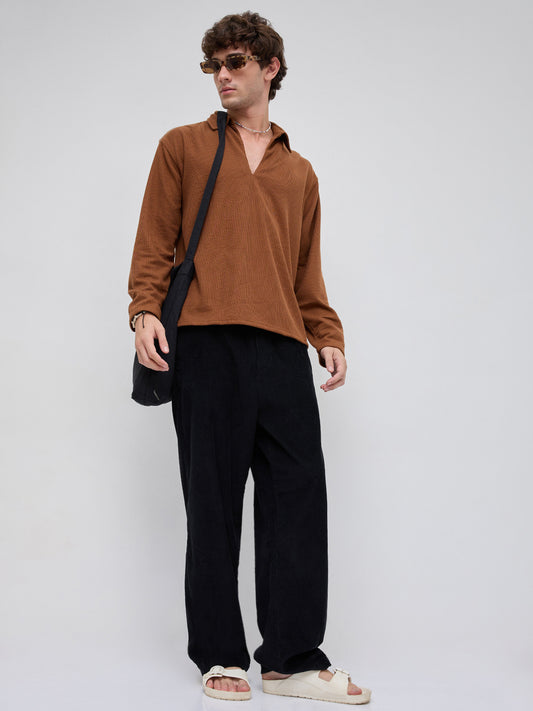 Brown Micro Weave Knitted Oversized Polo Shirt