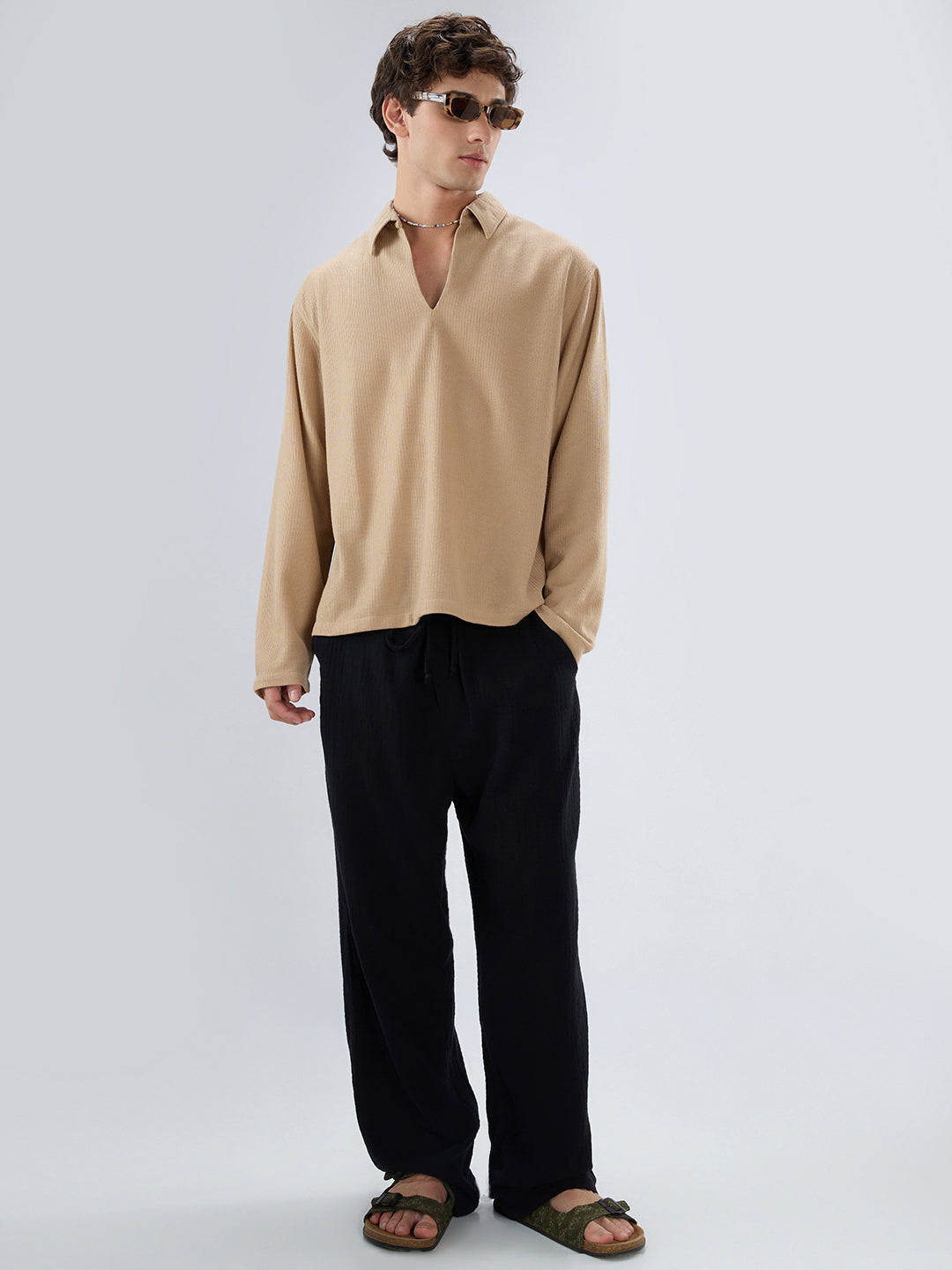 Tan Micro Weave Knitted Oversized Polo Shirt