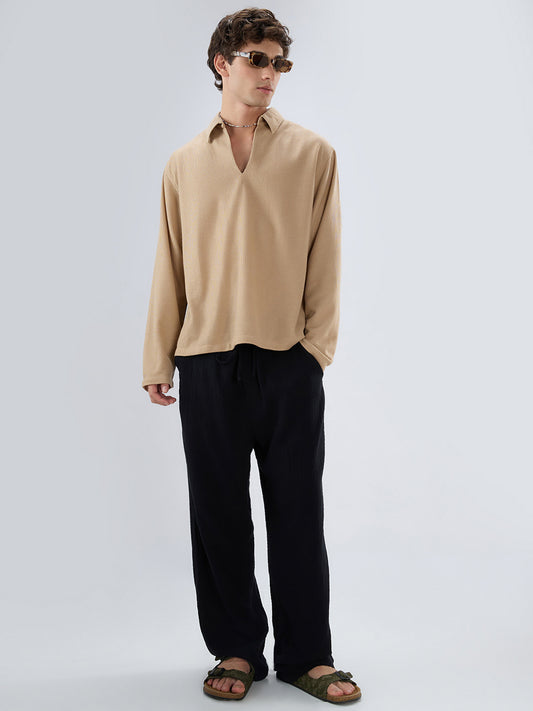 Tan Micro Weave Knitted Oversized Polo Shirt