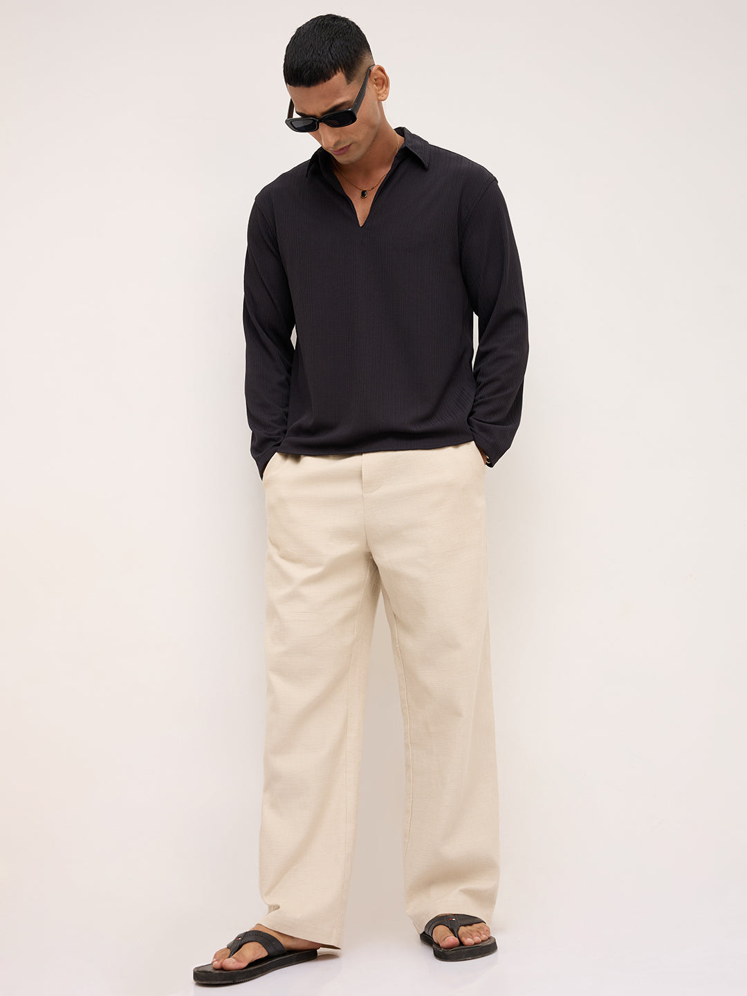Black Linework Airknit Oversized Polo Shirt
