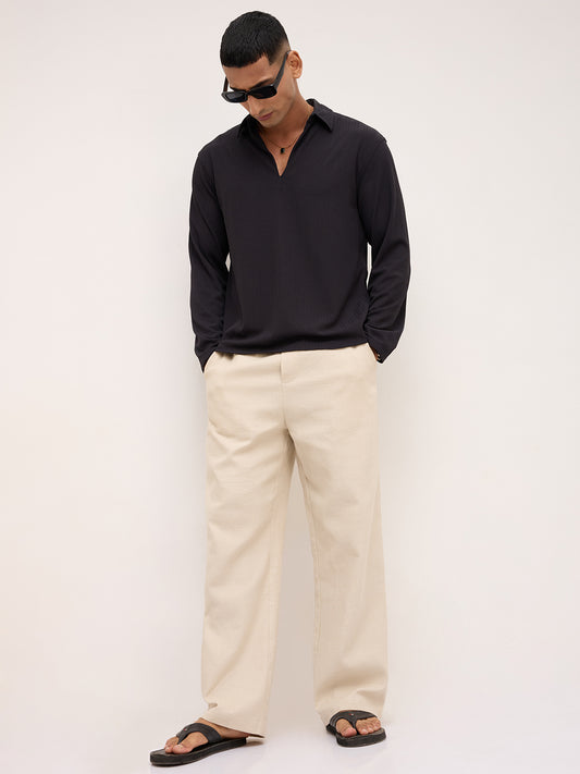 Black Linework Airknit Oversized Polo Shirt
