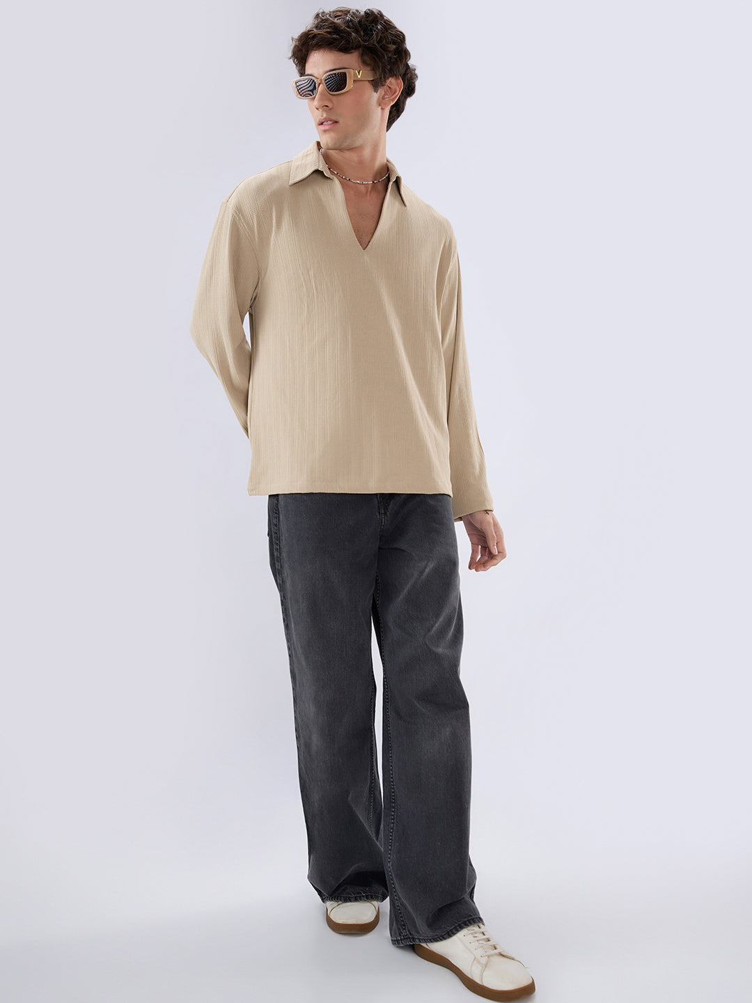 Sand Dune Ribbed Textured Polo Oversized Knitted Shirt