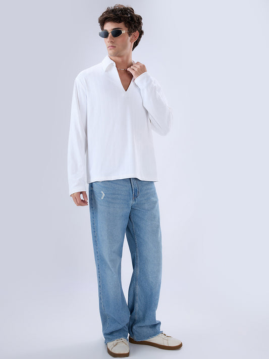 Snow White Micro Weave Knitted Oversized Polo Shirt