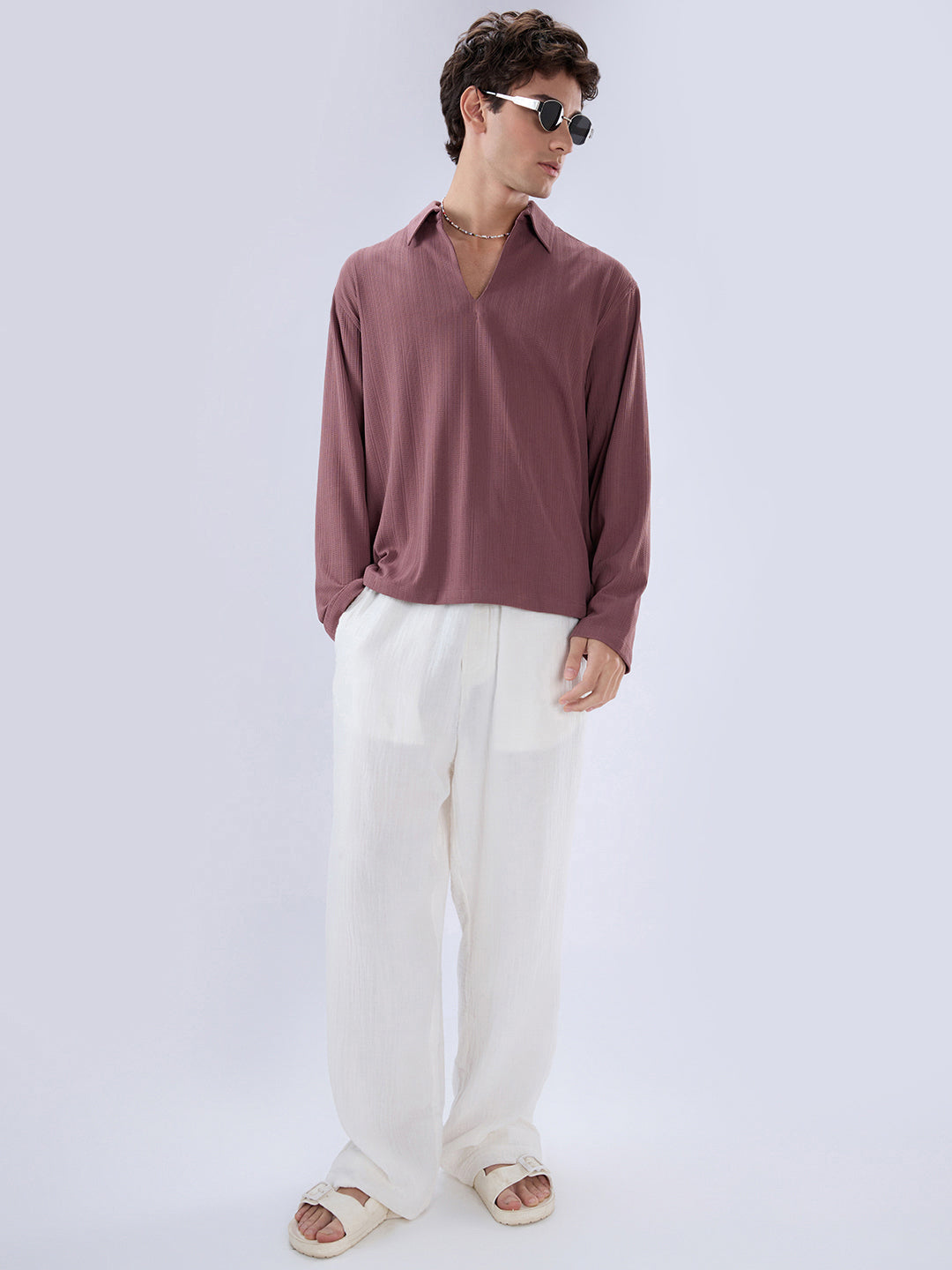 Heather Purple Fine Weave Oversized Knitted Polo Shirt