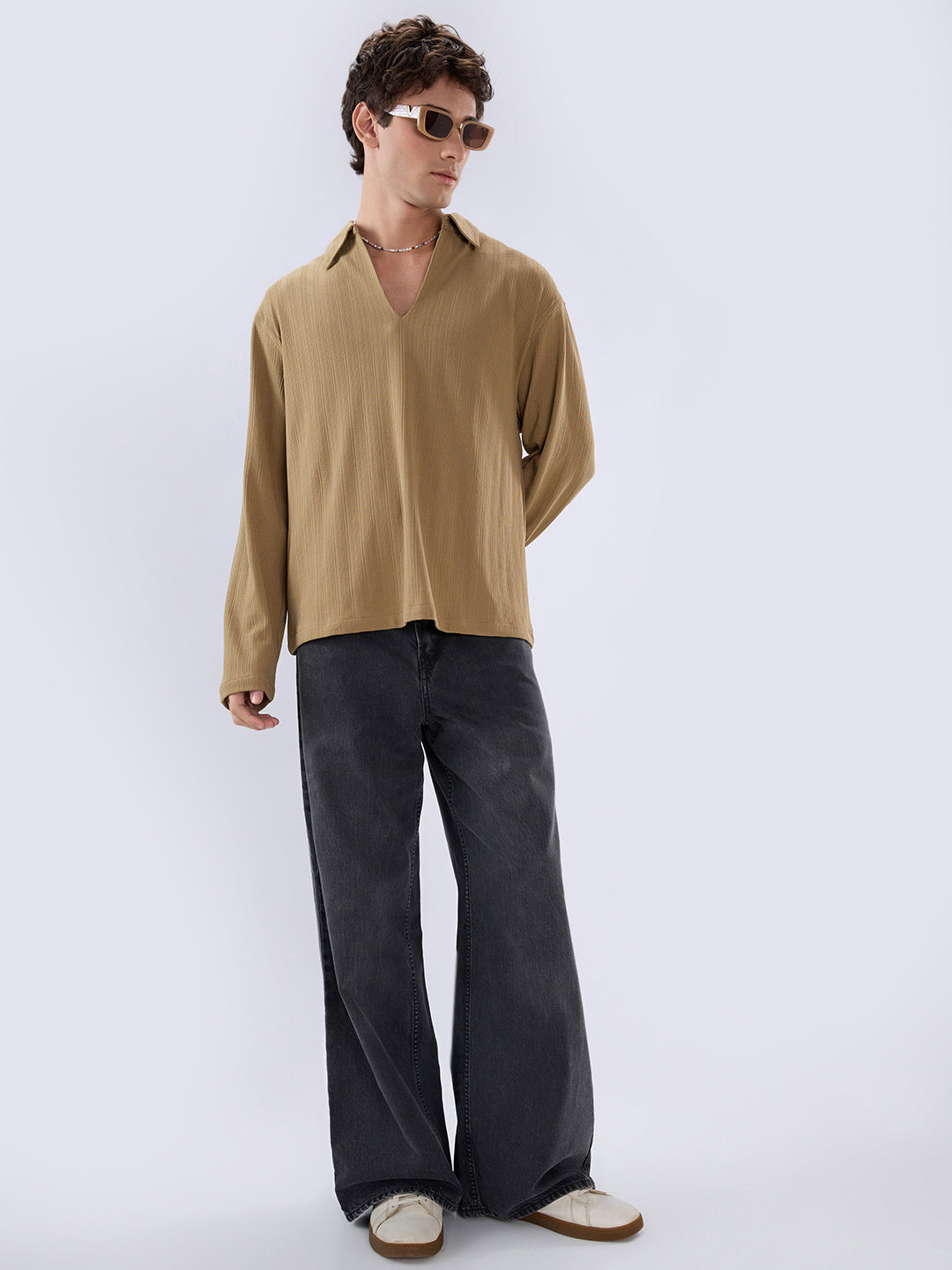 Soft Khaki Ribbed Textured Polo Oversized Knitted Shirt