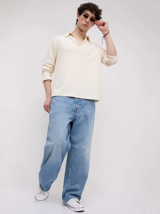 Ivory Linework Airknit Oversized Polo Shirt