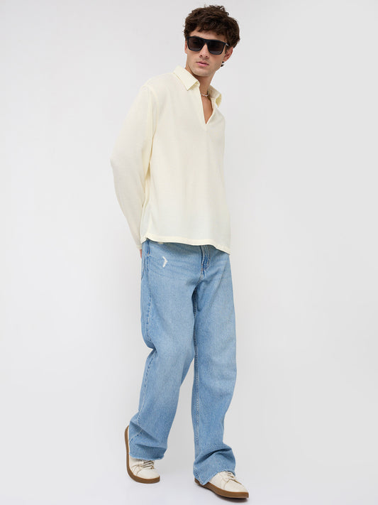 Butter Yellow Micro Weave Knitted Oversized Polo Shirt