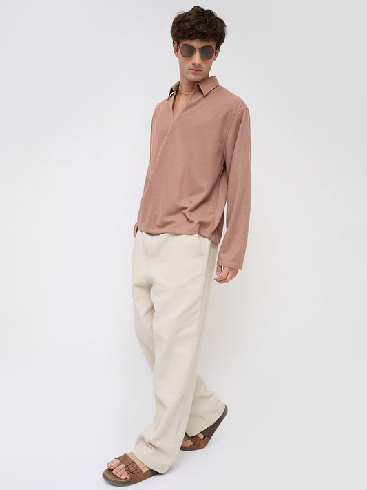 Soft Brown Micro Weave Knitted Oversized Polo Shirt