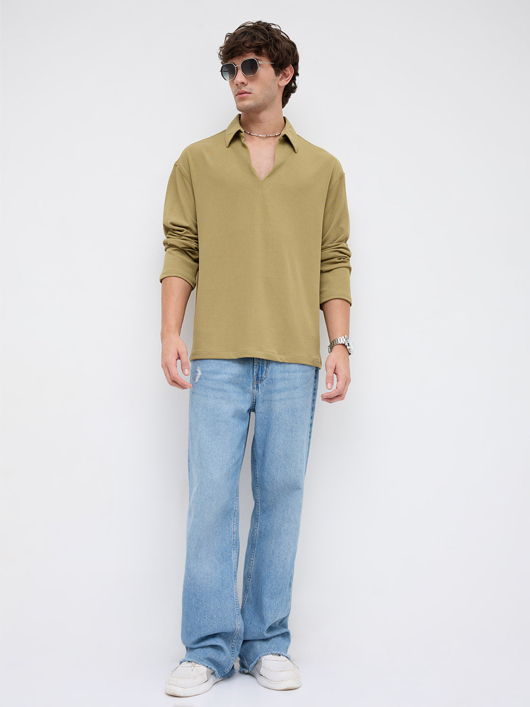 Soft Olive Oversized Knitted Polo Shirt