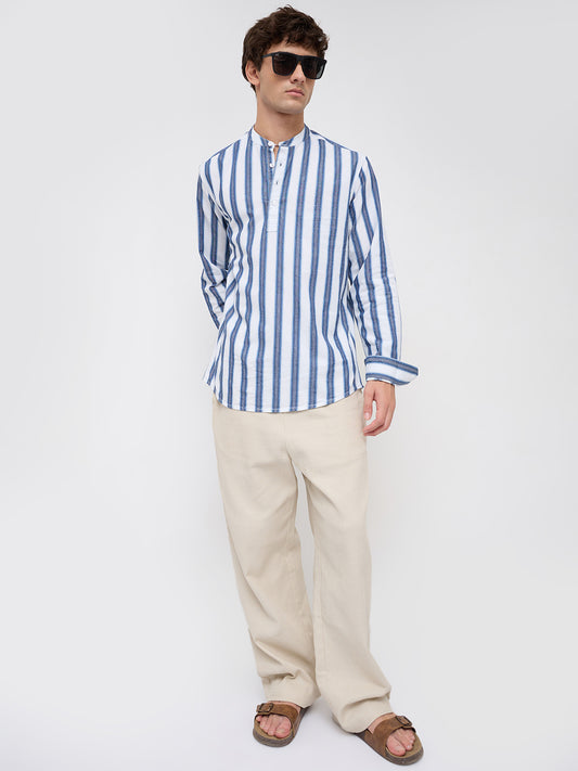 Coastal Denim Rhythm Loom Multi-Striped Kurta