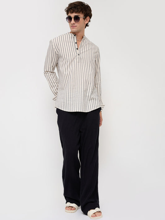 Coastal Ivory Motif Striped Seersucker Embroidered Kurta
