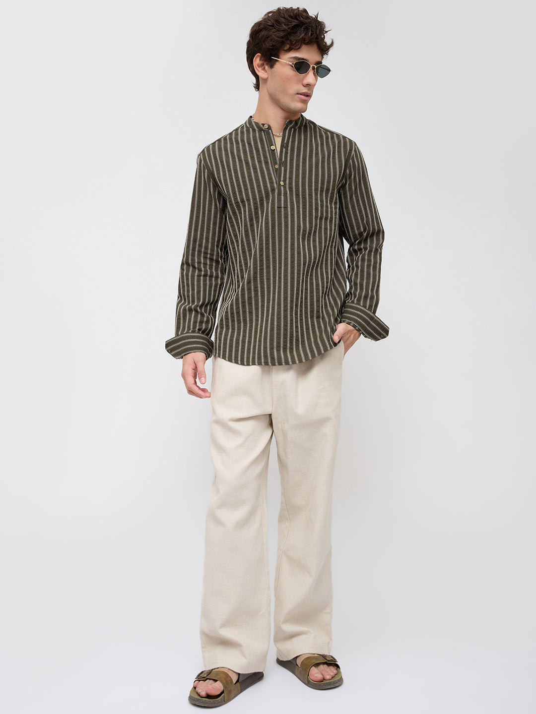 Elegant Olive Motif Seersucker Striped Embroidered Kurta
