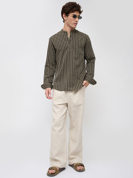 Elegant Olive Motif Seersucker Striped Embroidered Kurta