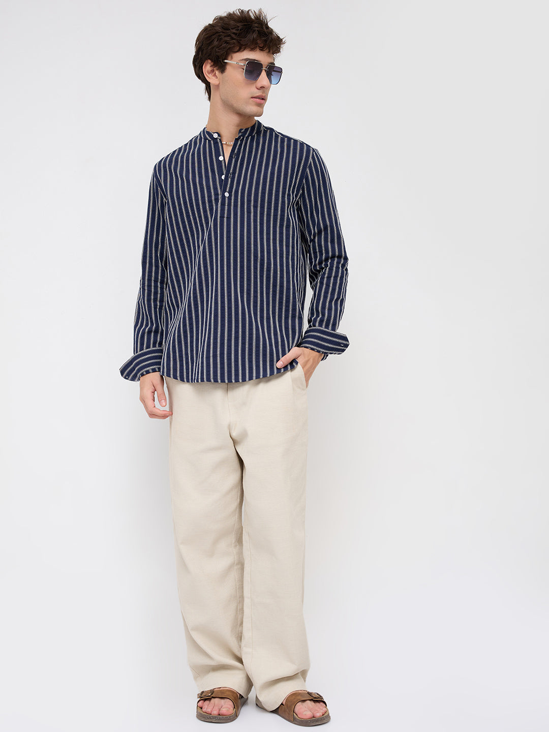 Luxe Coastal Navy Motif Seersucker Embroidered Striped Kurta